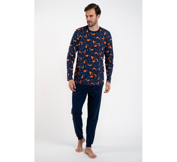 Pánske pyžamo Witalis, dlhý rukáv, dlhé nohavice - potlač/navy blue