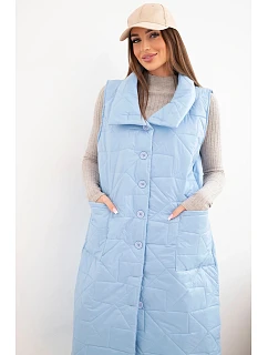 Dámska prešívaná dlhá vesta s vreckami a stojačikom modrá