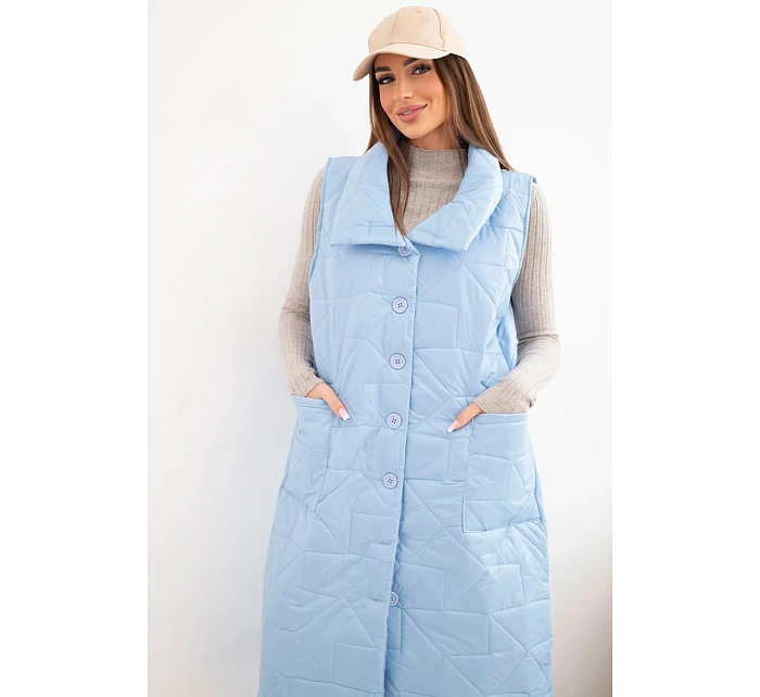 Dámska prešívaná dlhá vesta s vreckami a stojačikom modrá