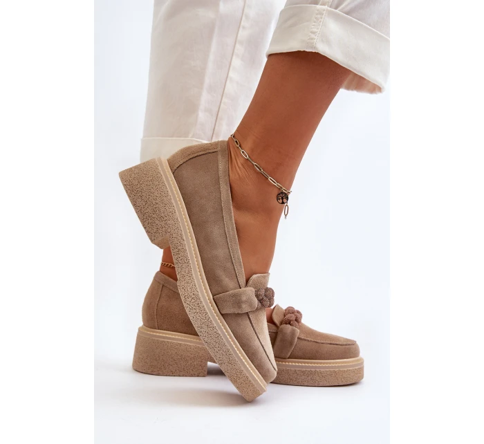 Zazoo 3429/W Damskie Zamszowe Mokasyny Z Ozdobą Beżowe