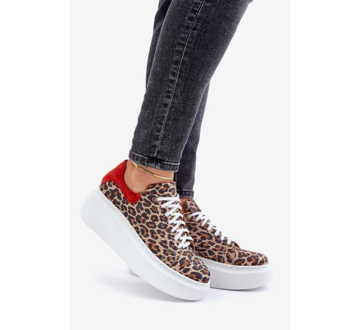 Skórzane Sneakersy Na Platformie W Panterkę Zazoo 3346 Brązowo-Czerwone