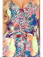 Dámske trapézové šaty s farebným vzorom a výstrihom 377-3