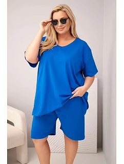 Dámska bavlnená súprava nadmernej veľkosti s blúzkou a šortkami Cornflower Blue