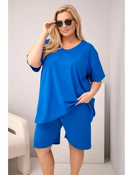 Dámska bavlnená súprava nadmernej veľkosti s blúzkou a šortkami Cornflower Blue