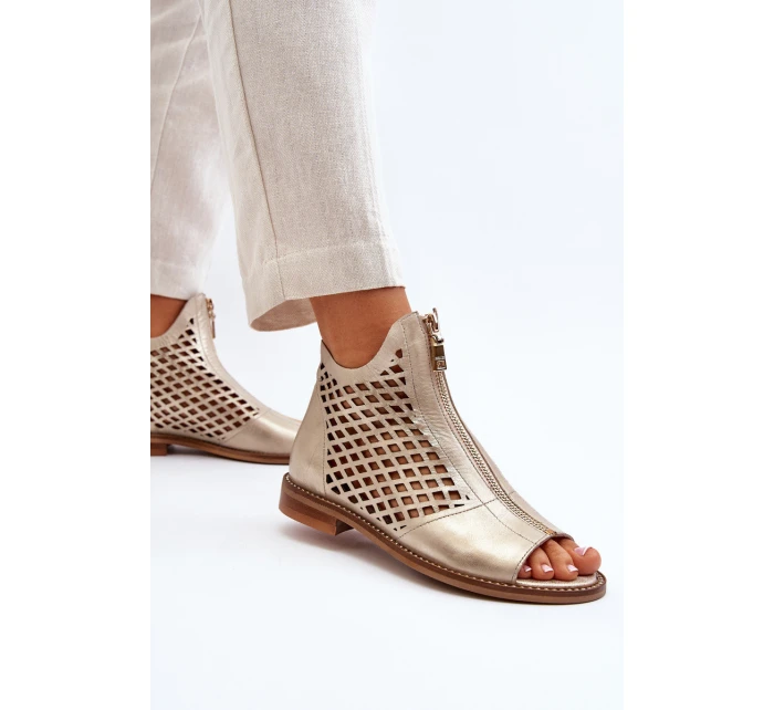 Zazoo 977/L Skórzane Ażurowe Sandały Na Zamek Złote