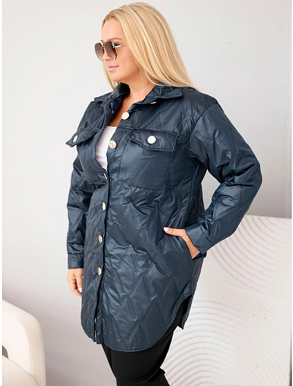 Dámska prešívaná bunda Plus Size s golierom a vreckami, modrá