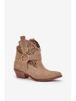 Zamszowe Botki Kowbojki Ażurowe Na Obcasie Zazoo 2994 Beżowe