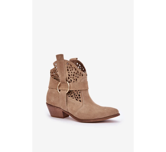 Zamszowe Botki Kowbojki Ażurowe Na Obcasie Zazoo 2994 Beżowe