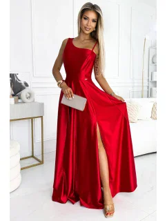 524-1 Dlhé elegantné saténové šaty na jedno rameno - ČERVENÉ