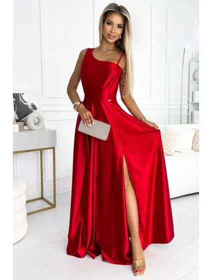524-1 Dlhé elegantné saténové šaty na jedno rameno - ČERVENÉ