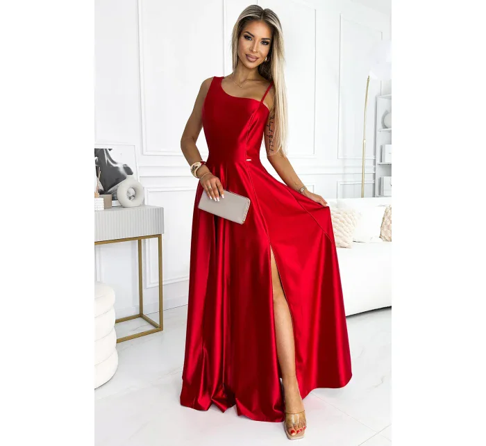 524-1 Dlhé elegantné saténové šaty na jedno rameno - ČERVENÉ
