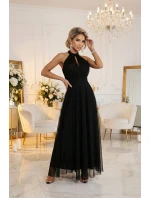 Elegantní maxi večerní šaty na ramínka s a zavazováním v pase černé model 21961746 - numoco basic