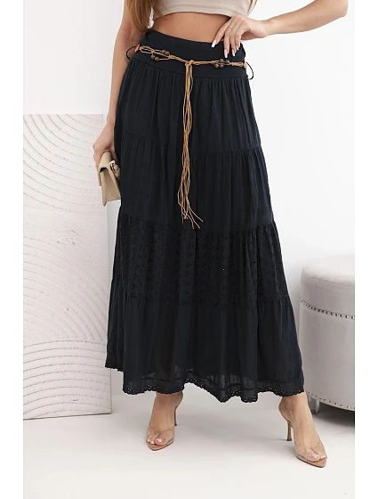 Dámská maxi bavlněná sukně s výšivkou a pásem černá model 22048767 - K-Fashion Dámská maxi bavlněná sukně s výšivkou a pásem černá model 22048767 - K-Fashion
