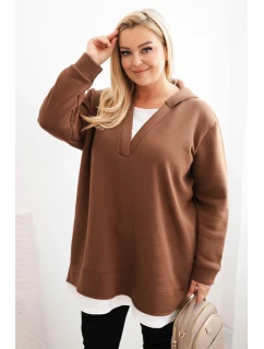 Dámska zateplená mikina s kapucňou a výstrihom do V v hnedej farbe