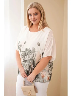 Dámske Plus veľkosť blúzka s kvetinovou potlačou a voľnými rukávmi Khaki
