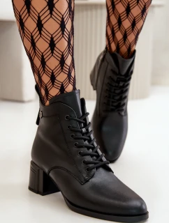 Sznurowane Botki Damskie Na Obcasie Ze Skóry Naturalnej Ocieplane Czarne Vinceza 91110