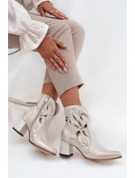 Skórzane Ażurowe Botki Damskie Na Słupku Zazoo 3647 Złoty Przecierany