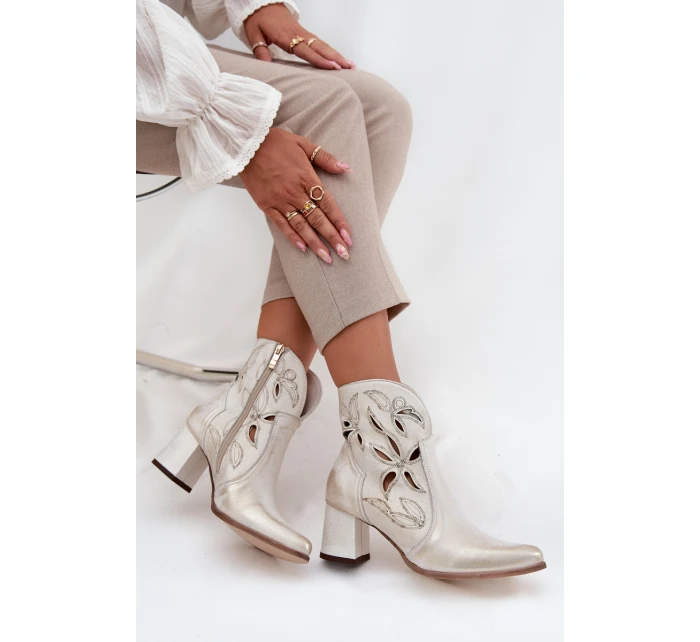 Skórzane Ażurowe Botki Damskie Na Słupku Zazoo 3647 Złoty Przecierany