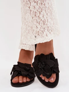 Dámské ploché pantofle s ozdobnými květinami Černé Elzoria