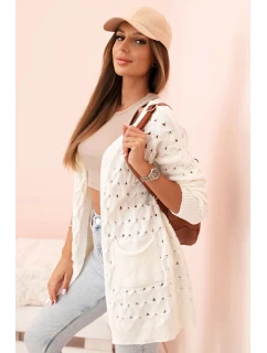 Dámsky háčkovaný sveter s vreckami ecru