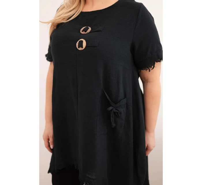 Dámske bavlnené šaty nadmernej veľkosti s predĺženým chrbtom a vreckom čierne