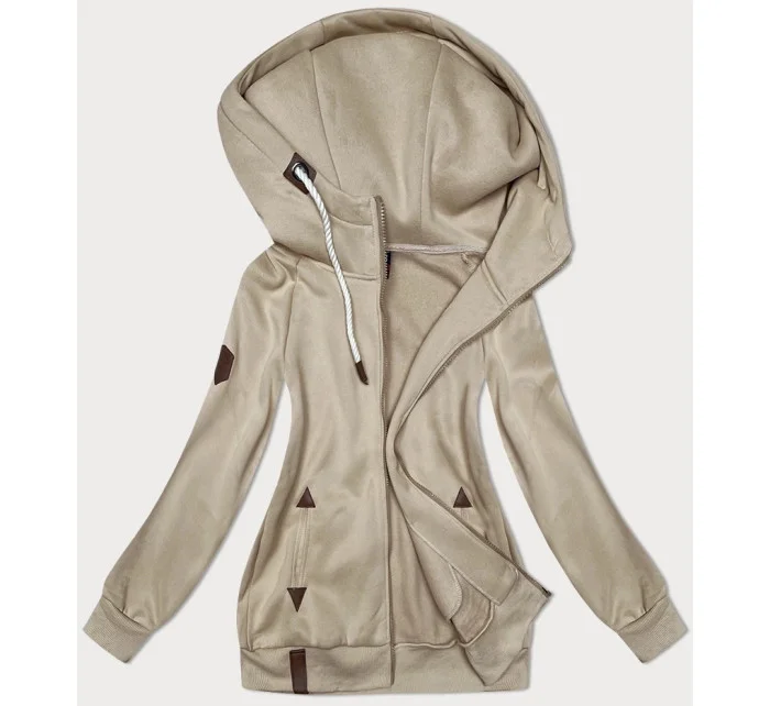 Béžová jednofarebná dámska mikina na zips (2311)
