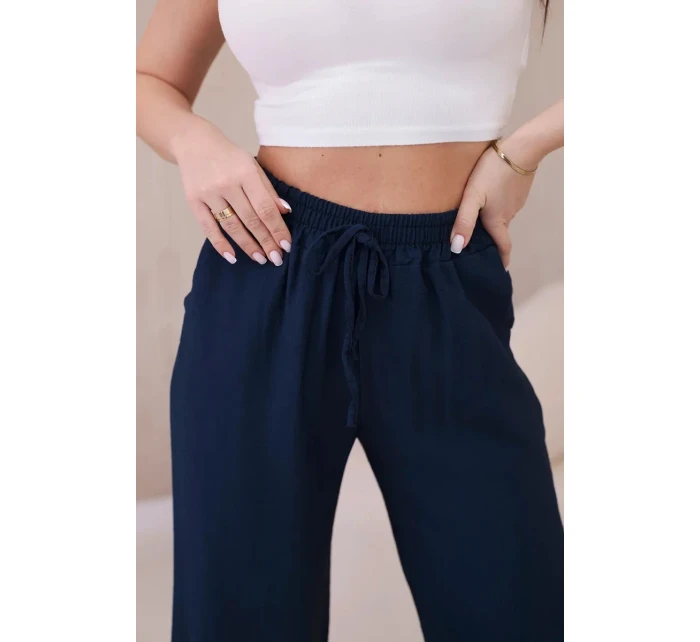 Viskózové nohavice so širokými nohavicami námornícka modrá