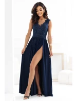 dlouhé elegantní maxi šaty s krajkovým a rozparkem na nohou tmavě modré model 21318836 - numoco