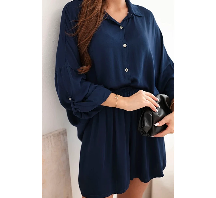 Dámske viskózové tričko s gombíkmi a voľnými šortkami tmavomodré