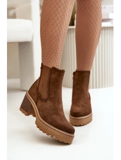 Botki Damskie Ocieplane Na Słupku Eko Zamszowe Brązowe Irissinae