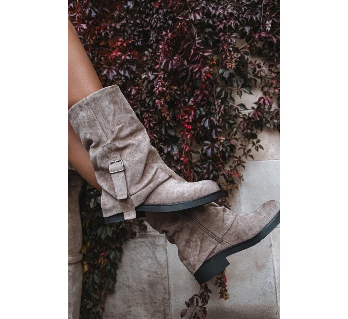 Kozaki Damskie Z Wywiniętą Cholewką Do Połowy Łydki Z Klamrą Khaki Minelle Kozaki Damskie Z Wywiniętą Cholewką Do Połowy Łydki Z Klamrą Khaki Minelle