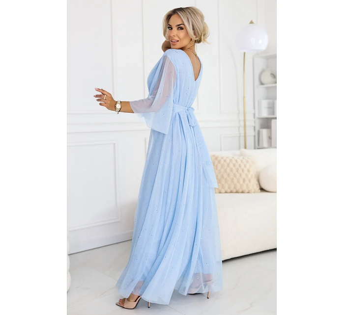 Dlhé trblietavé plus size šaty 654-3 modré - Numoco