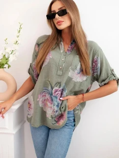 Dámska bavlnená blúzka s kvetinovým vzorom khaki