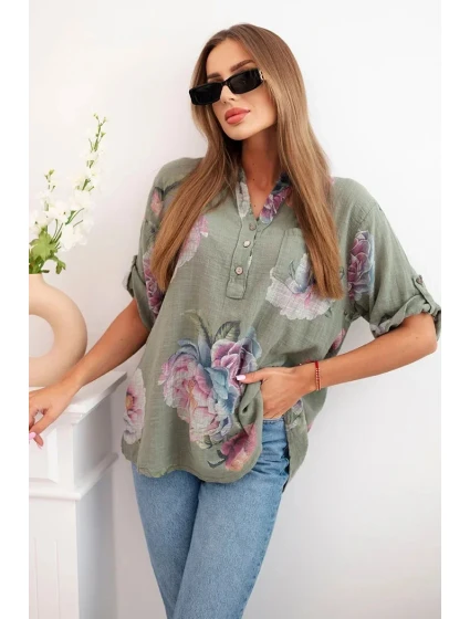 Dámska bavlnená blúzka s kvetinovým vzorom khaki Dámska bavlnená blúzka s kvetinovým vzorom khaki