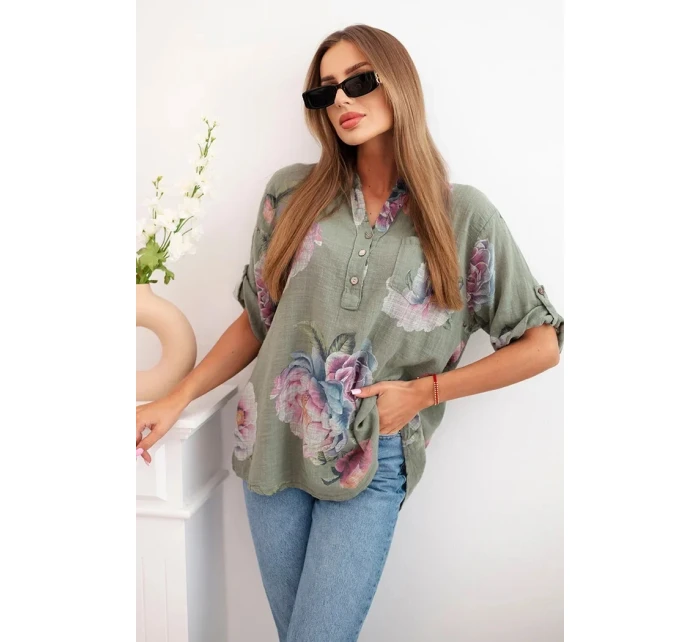 Dámska bavlnená blúzka s kvetinovým vzorom khaki Dámska bavlnená blúzka s kvetinovým vzorom khaki