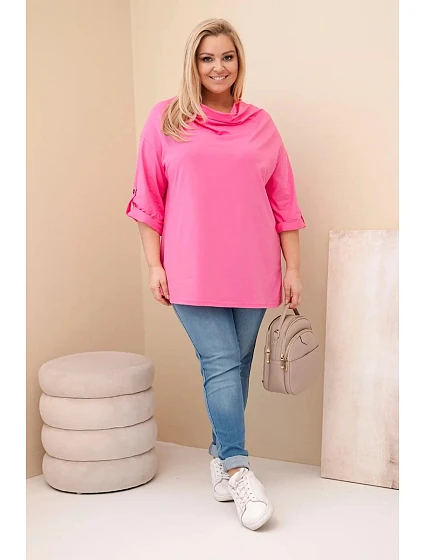 Dámská blůza Plus Size s bavlnou volného střihu s vodním výstřihem světle růžová Dámská blůza Plus Size s bavlnou volného střihu s vodním výstřihem světle růžová