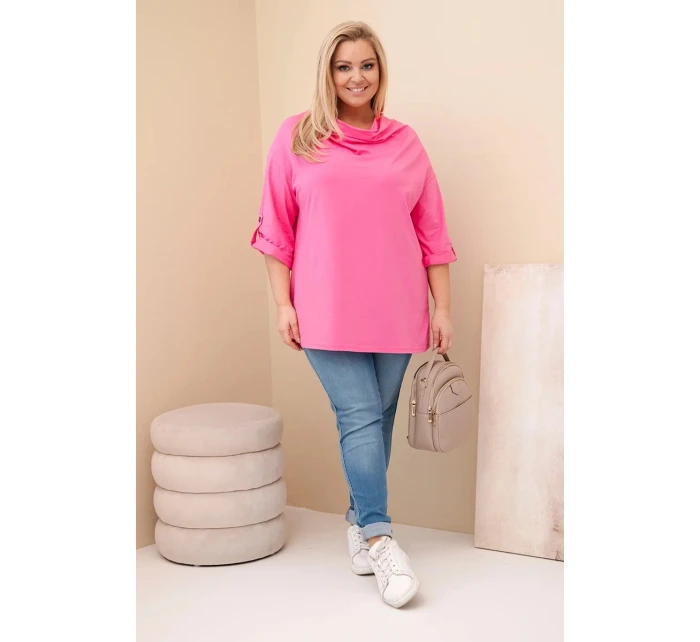 Dámská blůza Plus Size s bavlnou volného střihu s vodním výstřihem světle růžová Dámská blůza Plus Size s bavlnou volného střihu s vodním výstřihem světle růžová