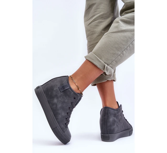 Trampki Skórzane Damskie Na Koturnie Big Star MM274005 Szare Trampki Skórzane Damskie Na Koturnie Big Star MM274005 Szare