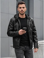 Pánska kožená zateplená bunda s kapucňou, čierna, FashionStreet TX5149 Pánska kožená zateplená bunda s kapucňou, čierna, FashionStreet TX5149