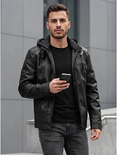 Pánska kožená zateplená bunda s kapucňou, čierna, FashionStreet TX5149