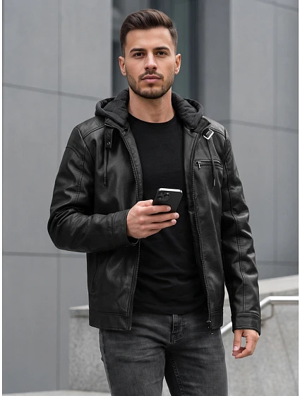 Pánska kožená zateplená bunda s kapucňou, čierna, FashionStreet TX5149 Pánska kožená zateplená bunda s kapucňou, čierna, FashionStreet TX5149