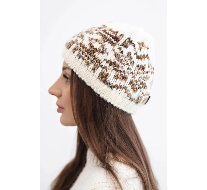 Dámska zimná vlnená čiapka s nórskym vzorom K354 ecru+camel