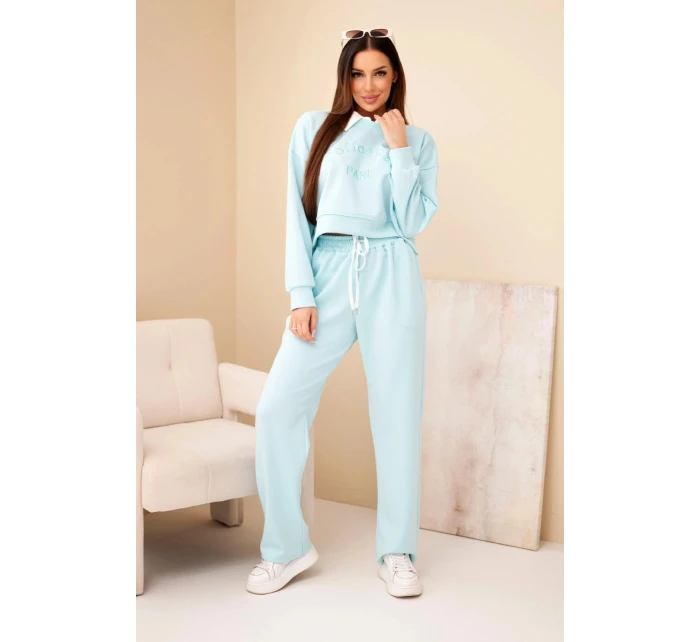 Dámska súprava mikiny s maslovým golierom a rovných nohavíc mätová