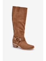 Zamszowe Kozaki Na Niskim Obcasie Z Cholewką Przed Kolano Zazoo 3444/O Camel