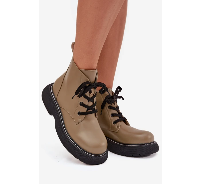 Ocieplane Botki Damskie Na Platformie Sznurowane Zielone Harmine