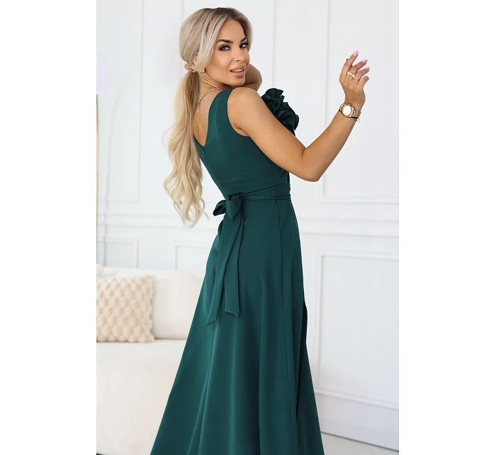 maxi šaty s květinou na a rozparkem lahvově zelené model 22108491 - numoco