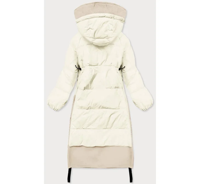 Dlhá zimná bunda v ecru farbe z rôznych materiálov (jin-210)