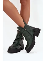 Skórzane Ocieplane Botki Damskie Z Klamrami I Ozdobnym Detalem Zazoo 60482 Ciemnozielone