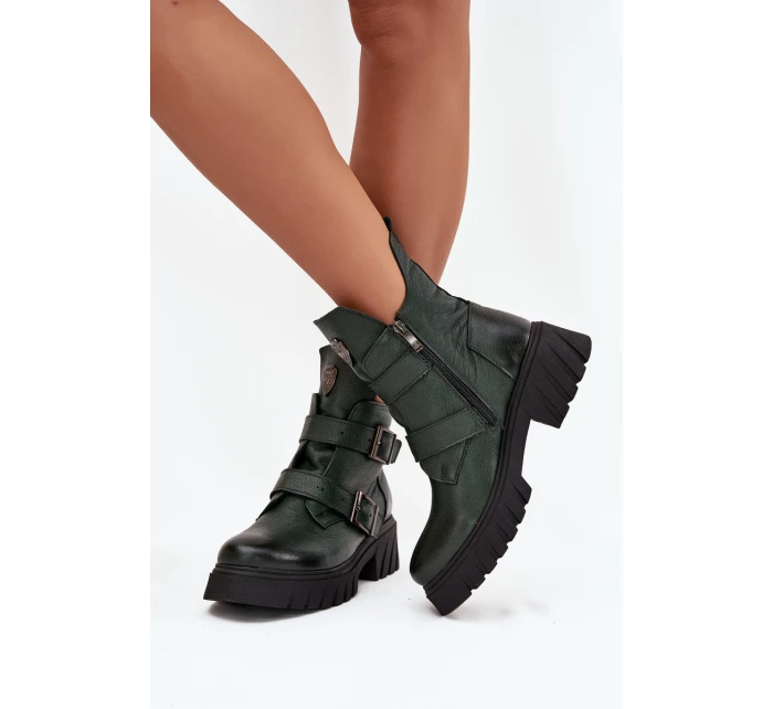 Skórzane Ocieplane Botki Damskie Z Klamrami I Ozdobnym Detalem Zazoo 60482 Ciemnozielone