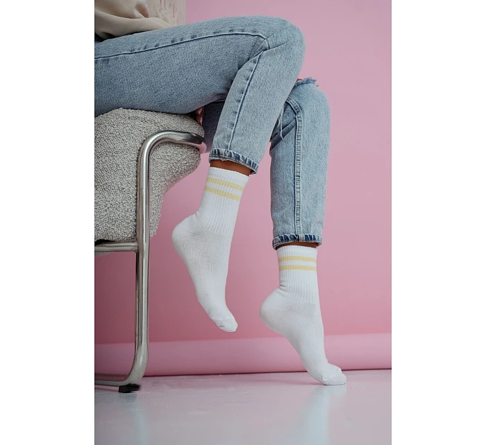 Dámské ponožky Dva tenké pruhy Bílá-žluté